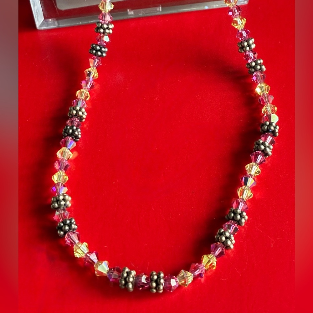 925 Silver Necklace,Pink and Yellow Crystal Bead Necklace with Silver Accents - Picture 3 of 10
